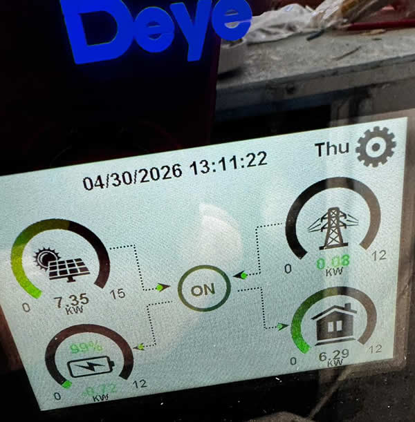 Live-Monitoring einer Photovoltaik-Anlage auf Mallorca: Anzeige von 7,35 kW Solarleistung und 99% Batterieladung an einem Deye Hybrid-Wechselrichter.